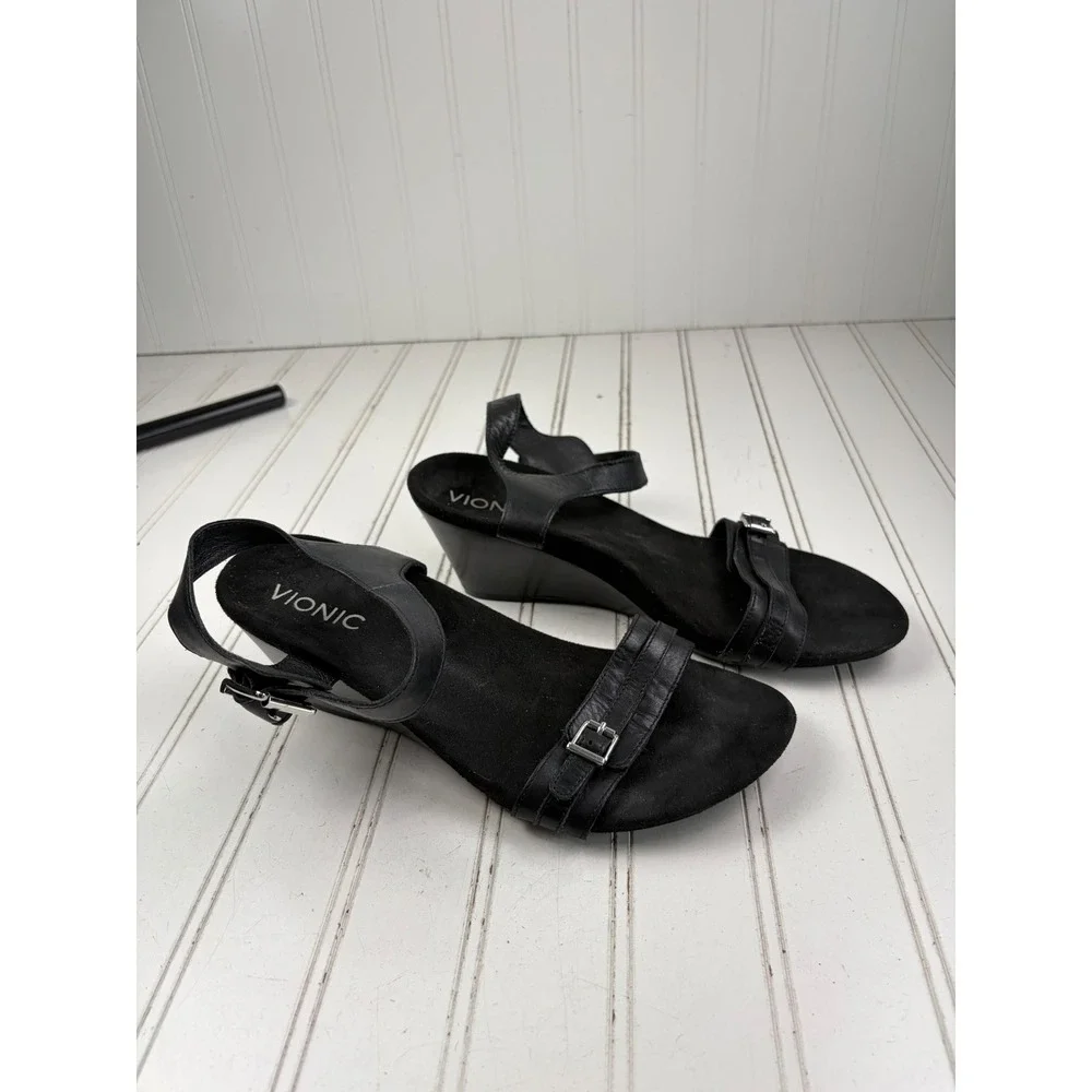 Vionic Noble Laurie Black Leather Wedge Sandals Women's Size 8
